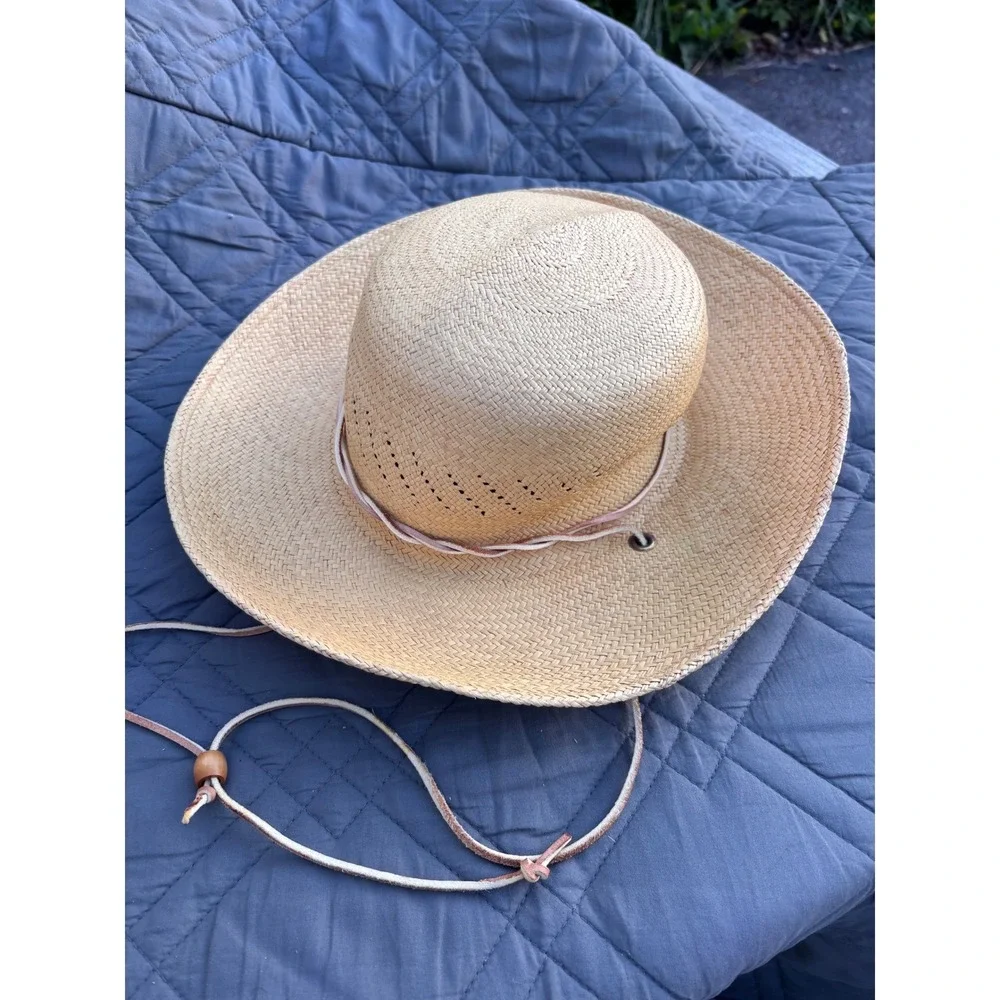 Open Crown Cowboy Hat Vintage SF Green Straw Natural Tan Woven Lightweight